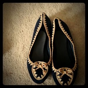 Tory Burch Natasha Leather Raffia Trim Flats 9.5